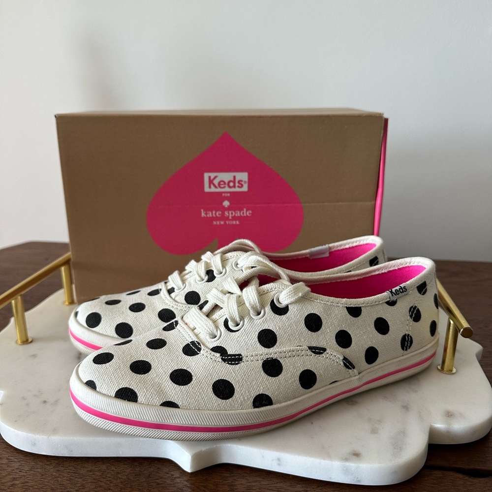 Keds x Kate Spade Cream and Black Polka Dot Sneakers with Pink Trim